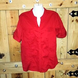 Faded Glory Stretch Womans Red Button Down Shirt Top Blouse Size Xl